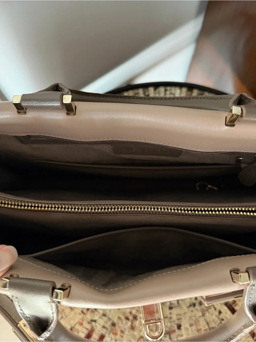 Michael Kors Tatiana Two-Tone Blush and Taupe Satchel with Gold Hardware.
